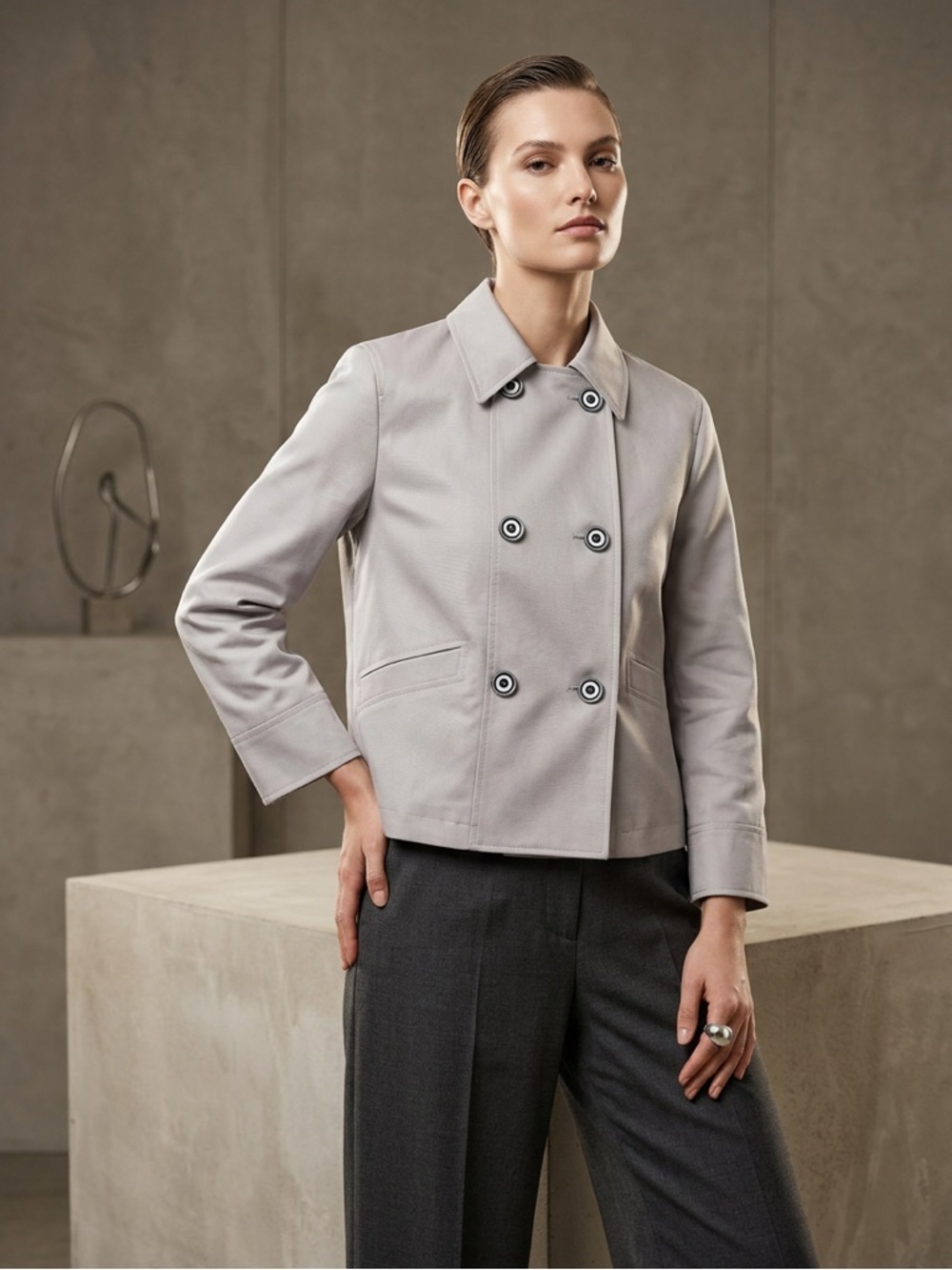 Baccini Light Gray Double-Breasted Short Peacoat Jacket